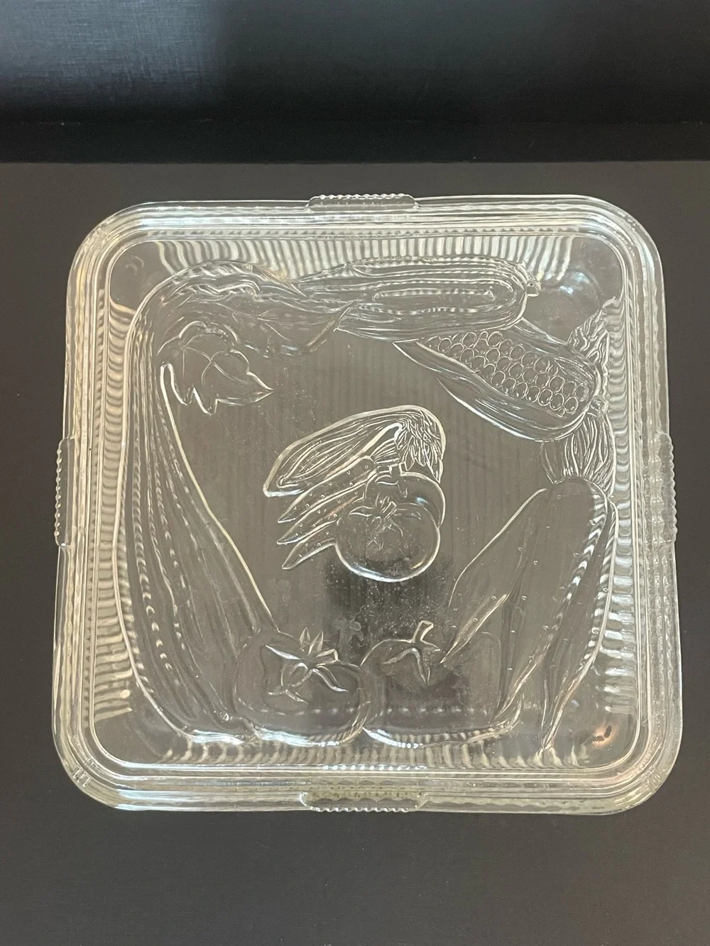 Vintage Federal Glass Square Refrigerator Dish Ribbed Sides Vegetable Motif Lid